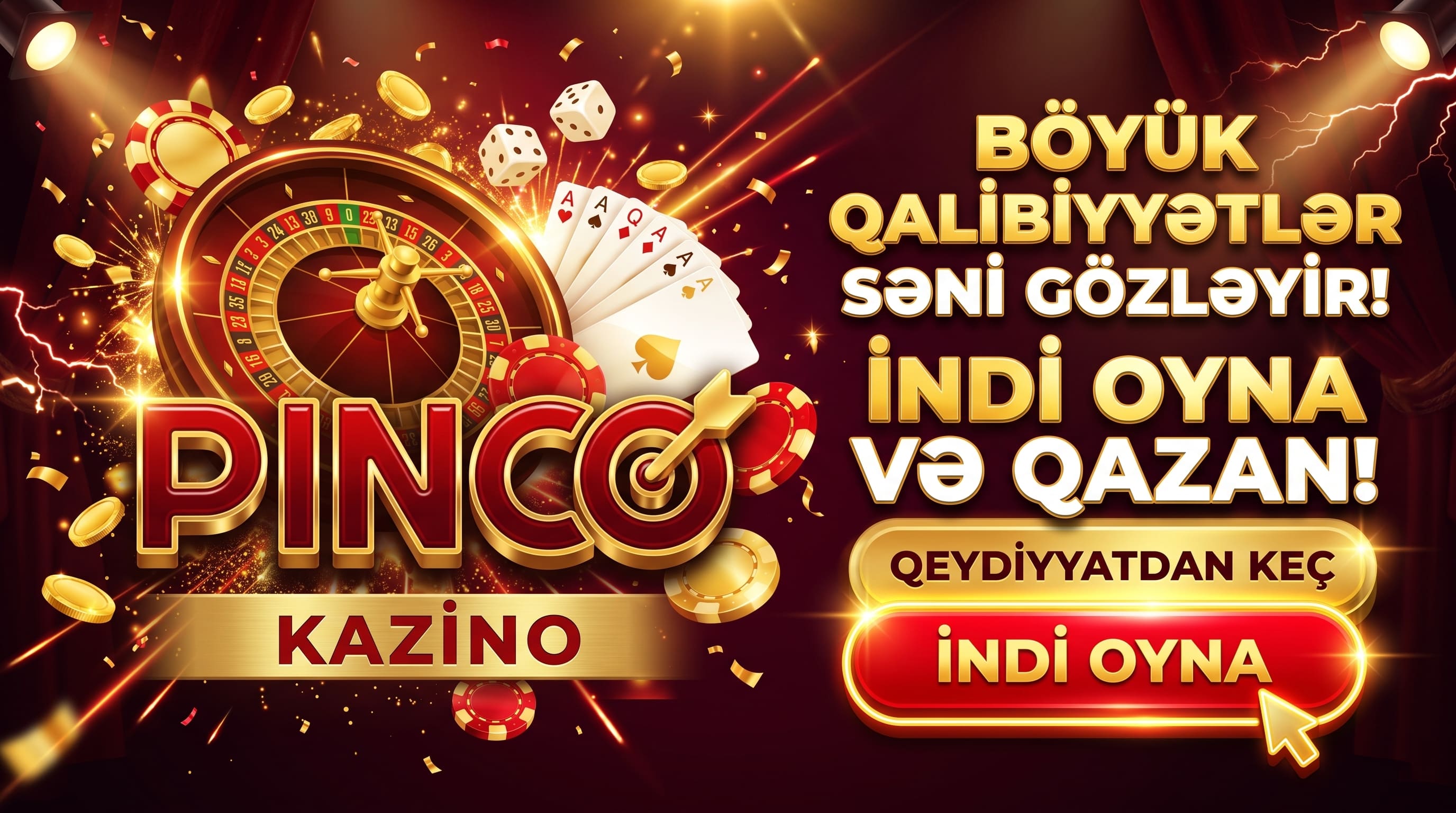 Rulet çarxı, oyun kartları, zər və fişlərlə tünd qırmızı Pinco kazino şəkli