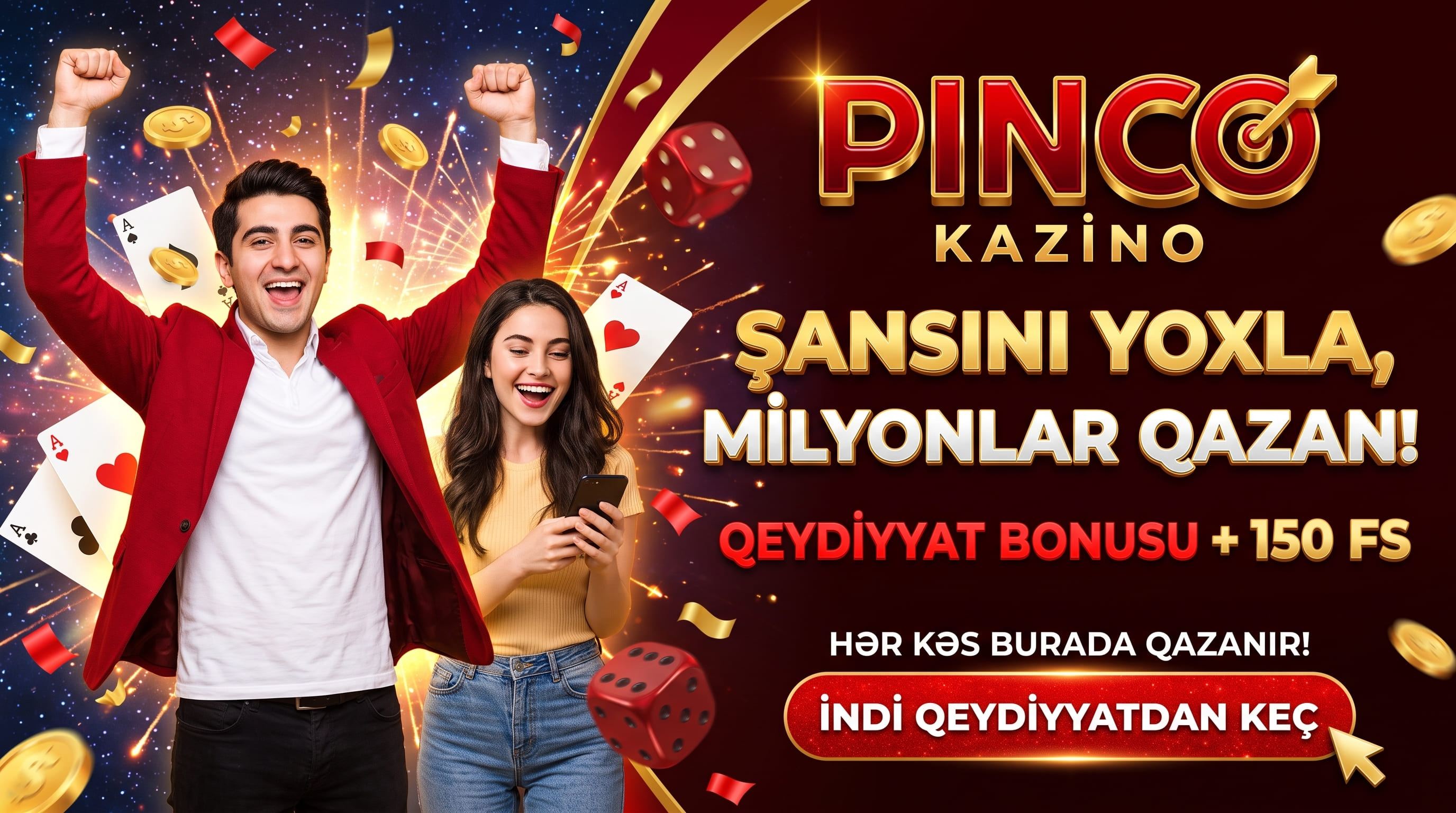 İki nəfər, oyun kartları və 150 pulsuz fırlanma yazısı olan Pinco kazino şəkli