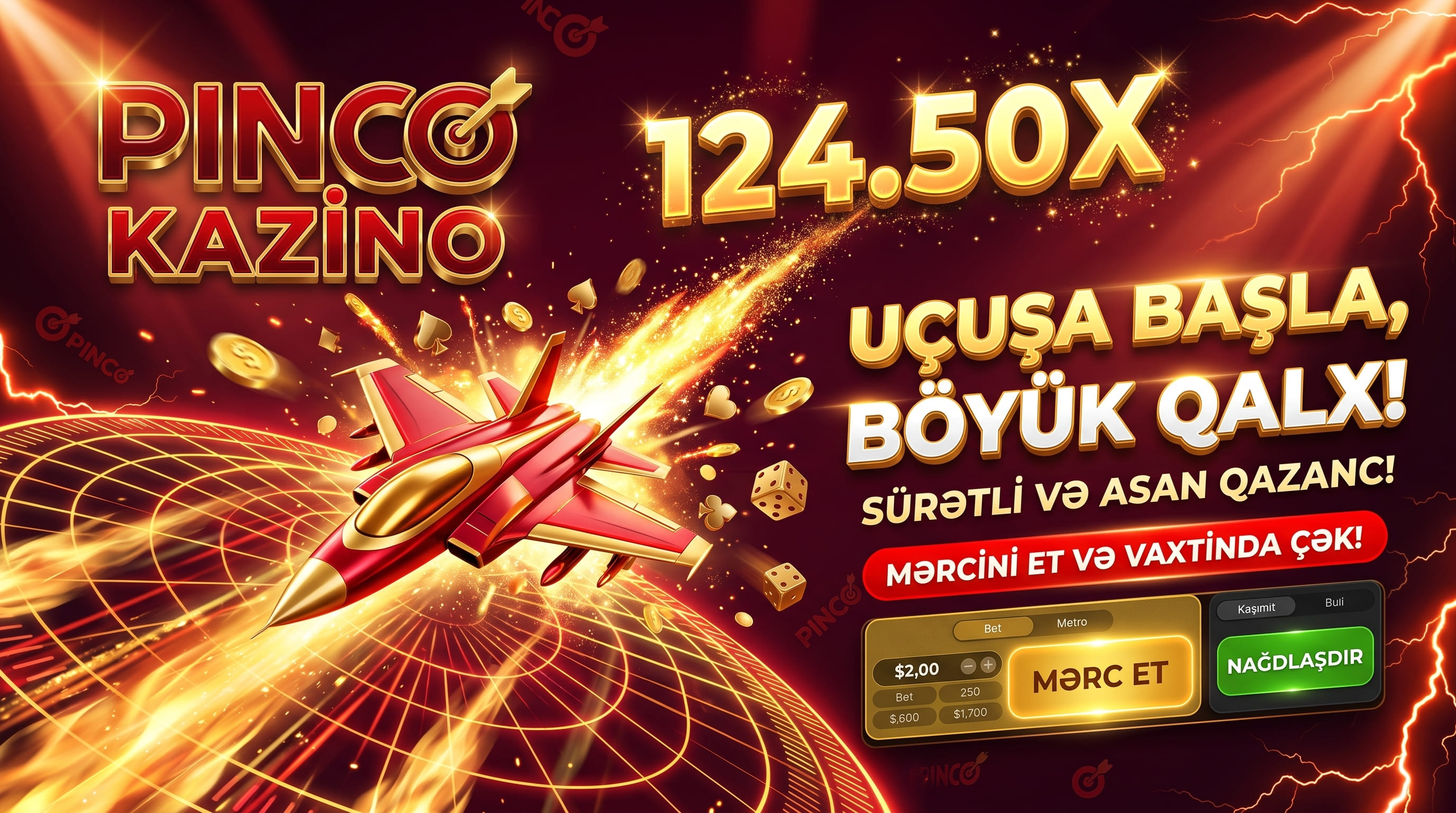 Qızılı tor üzərində qırmızı təyyarə, 124.50X əmsalı və mərc paneli olan Pinco kazino şəkli